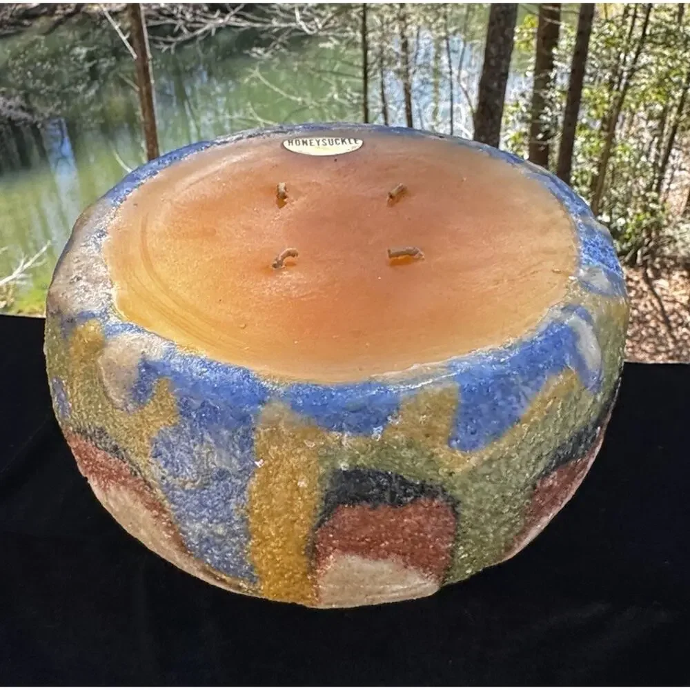 Large 3 Wick Ceramic Bowl Candle Colored Indian Style Pottery -A26